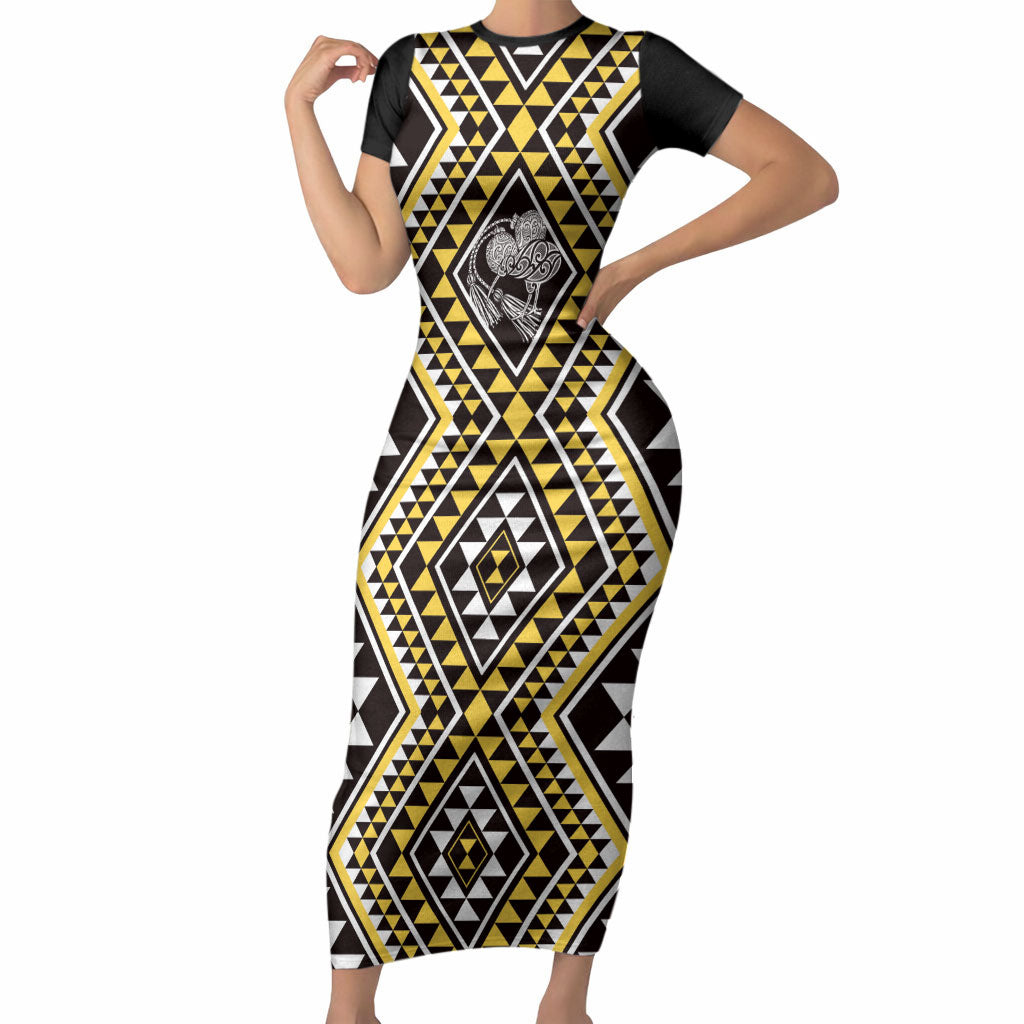 New Zealand Kowhai Taniko Motifs Short Sleeve Bodycon Dress Maori Poi Dance Costume Inspired LT14 Long Dress Yellow - Polynesian Pride