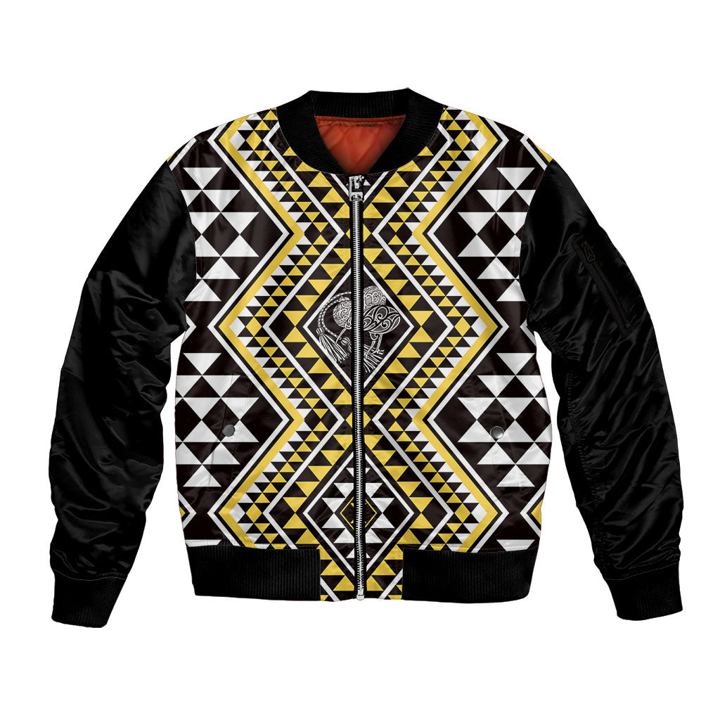 New Zealand Kowhai Taniko Motifs Sleeve Zip Bomber Jacket Maori Poi Dance Costume Inspired LT14 Unisex Yellow - Polynesian Pride