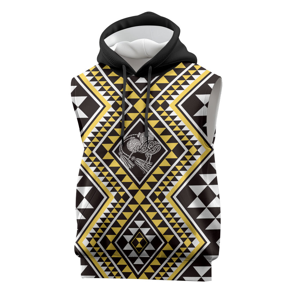 New Zealand Kowhai Taniko Motifs Sleeveless Hoodie Maori Poi Dance Costume Inspired LT14 Yellow - Polynesian Pride