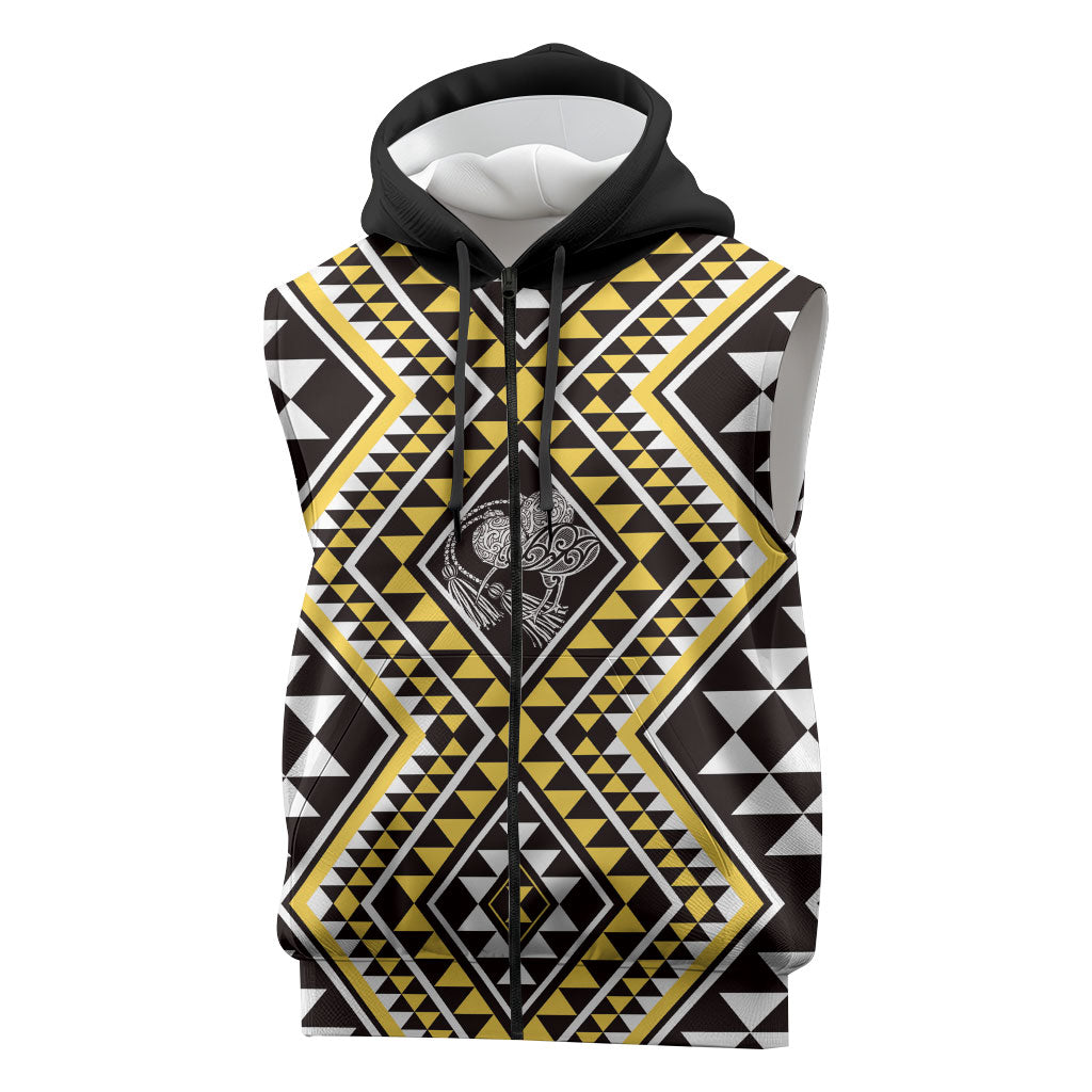 New Zealand Kowhai Taniko Motifs Sleeveless Zip Hoodie Maori Poi Dance Costume Inspired LT14 Yellow - Polynesian Pride