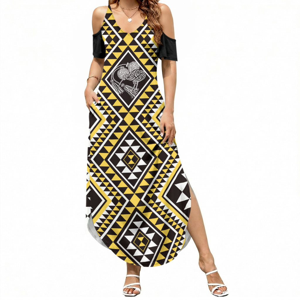 New Zealand Kowhai Taniko Motifs Summer Maxi Dress Maori Poi Dance Costume Inspired LT14 Women Yellow - Polynesian Pride
