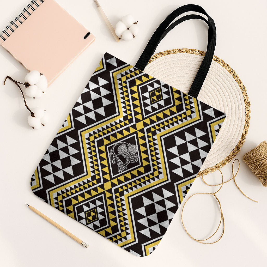 New Zealand Kowhai Taniko Motifs Tote Bag Maori Poi Dance Costume Inspired LT14 Black Strap One Size Yellow - Polynesian Pride