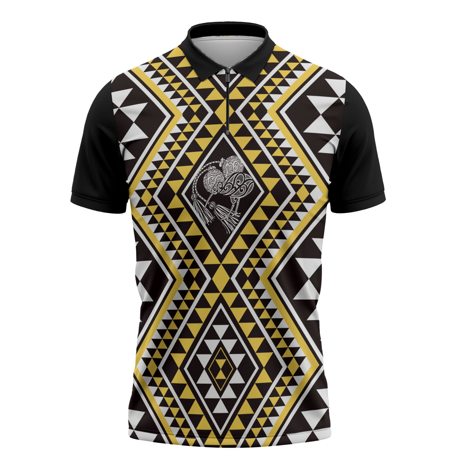 New Zealand Kowhai Taniko Motifs Zipper Polo Shirt Maori Poi Dance Costume Inspired LT14 Yellow - Polynesian Pride