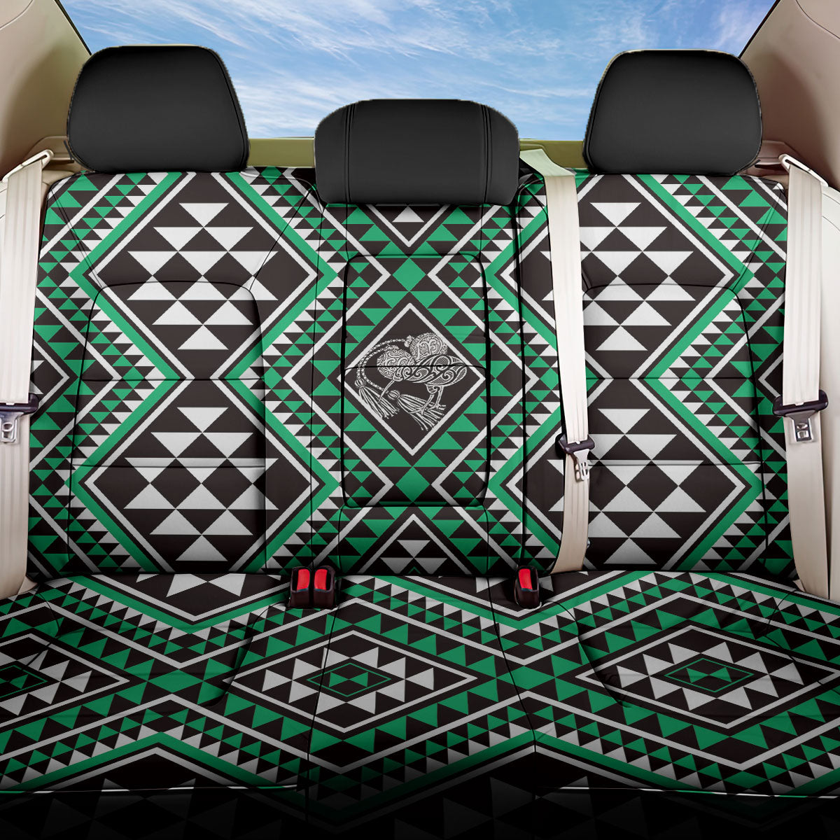 New Zealand Kakariki Taniko Motifs Back Car Seat Cover Maori Poi Dance Costume Inspired LT14 One Size Green - Polynesian Pride