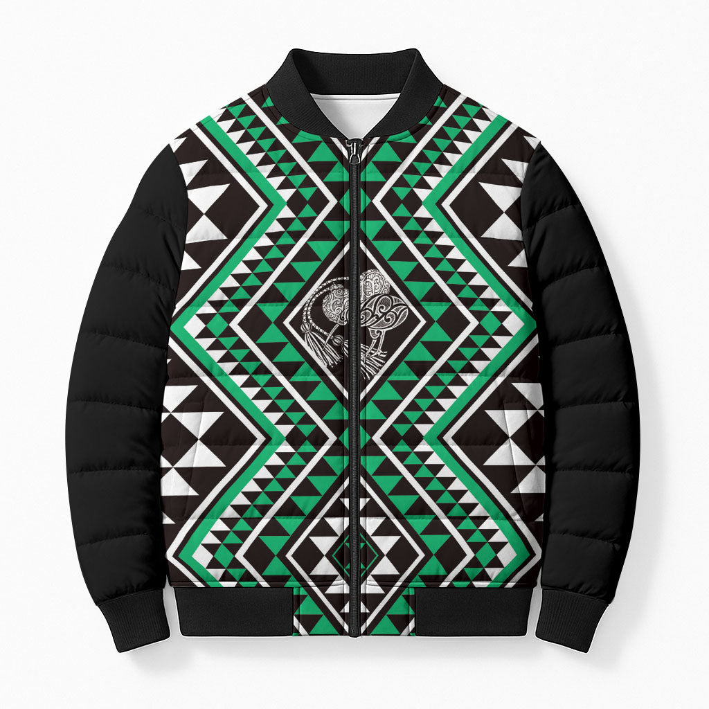 New Zealand Kakariki Taniko Motifs Bomber Puffer Jacket Maori Poi Dance Costume Inspired LT14 Unisex Green - Polynesian Pride