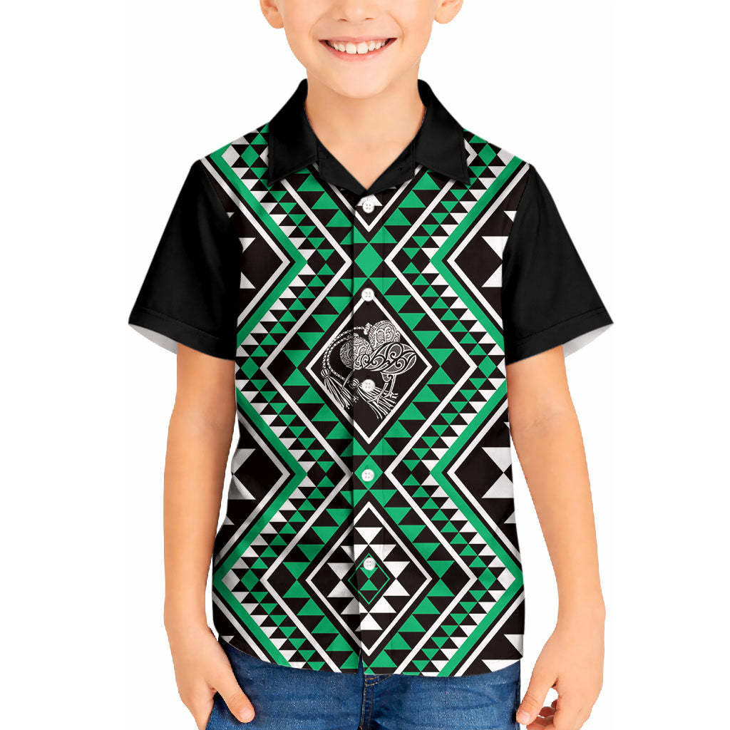 New Zealand Kakariki Taniko Motifs Kid Hawaiian Shirt Maori Poi Dance Costume Inspired LT14 Kid Green - Polynesian Pride