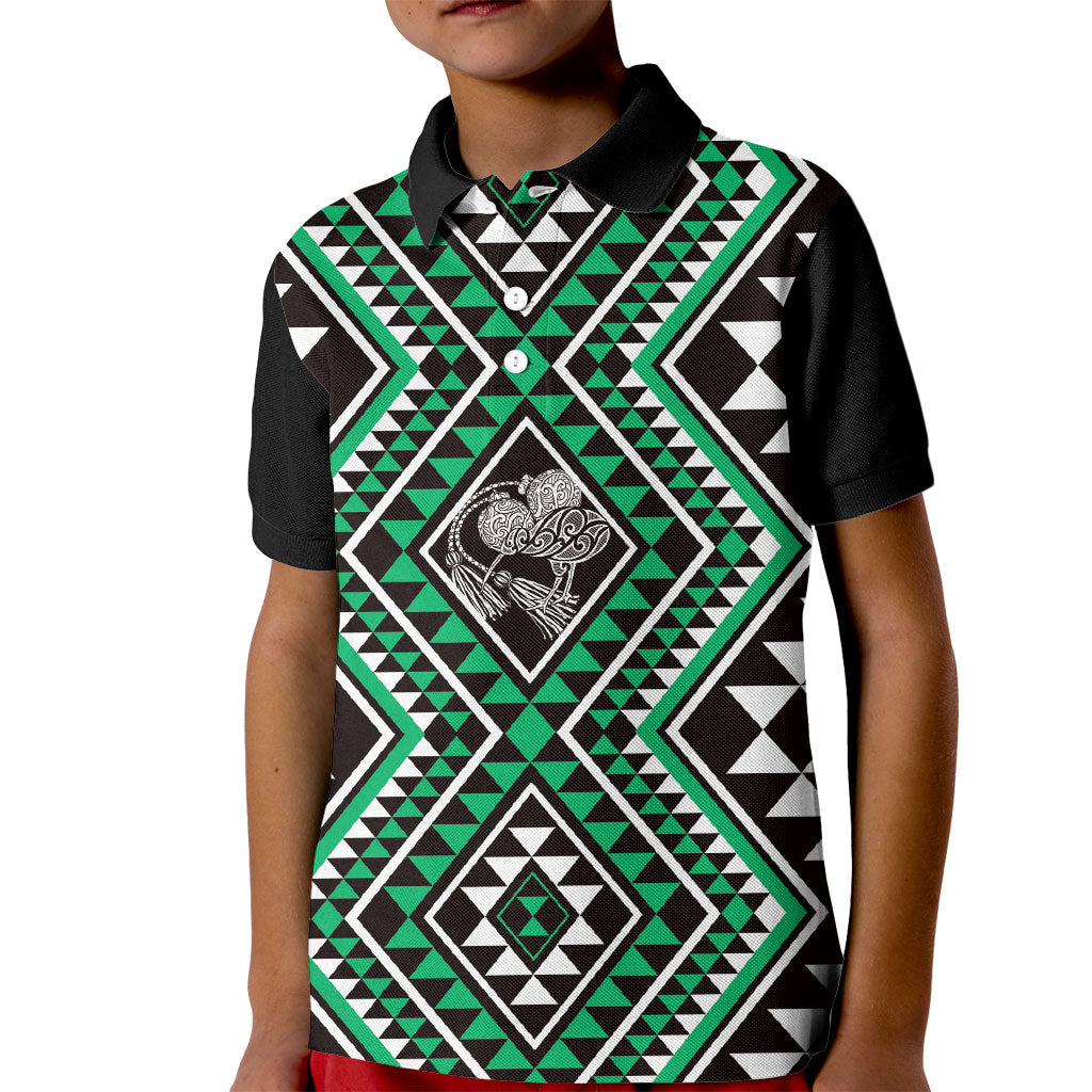 New Zealand Kakariki Taniko Motifs Kid Polo Shirt Maori Poi Dance Costume Inspired LT14 Kid Green - Polynesian Pride