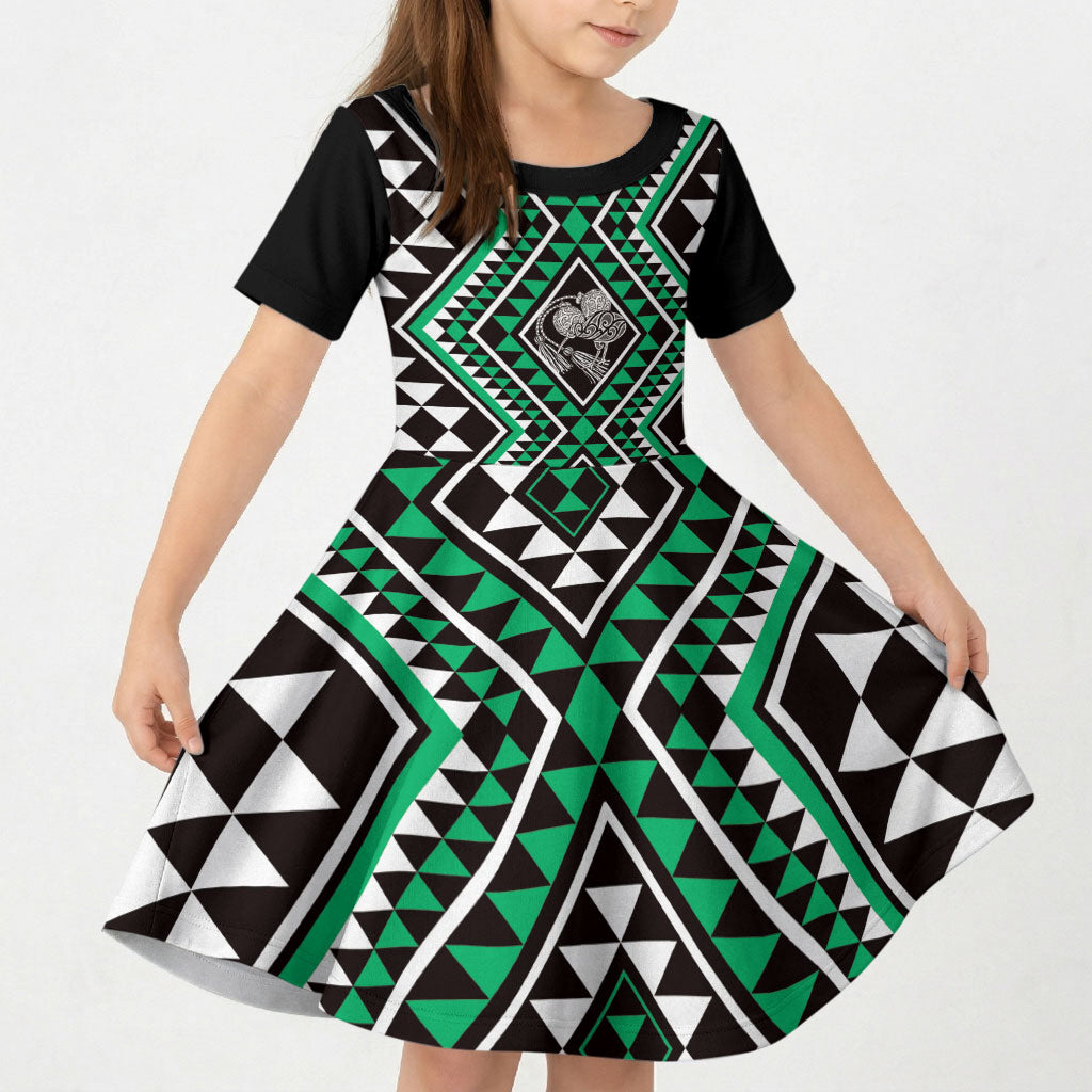 New Zealand Kakariki Taniko Motifs Kid Short Sleeve Dress Maori Poi Dance Costume Inspired LT14 KID Green - Polynesian Pride