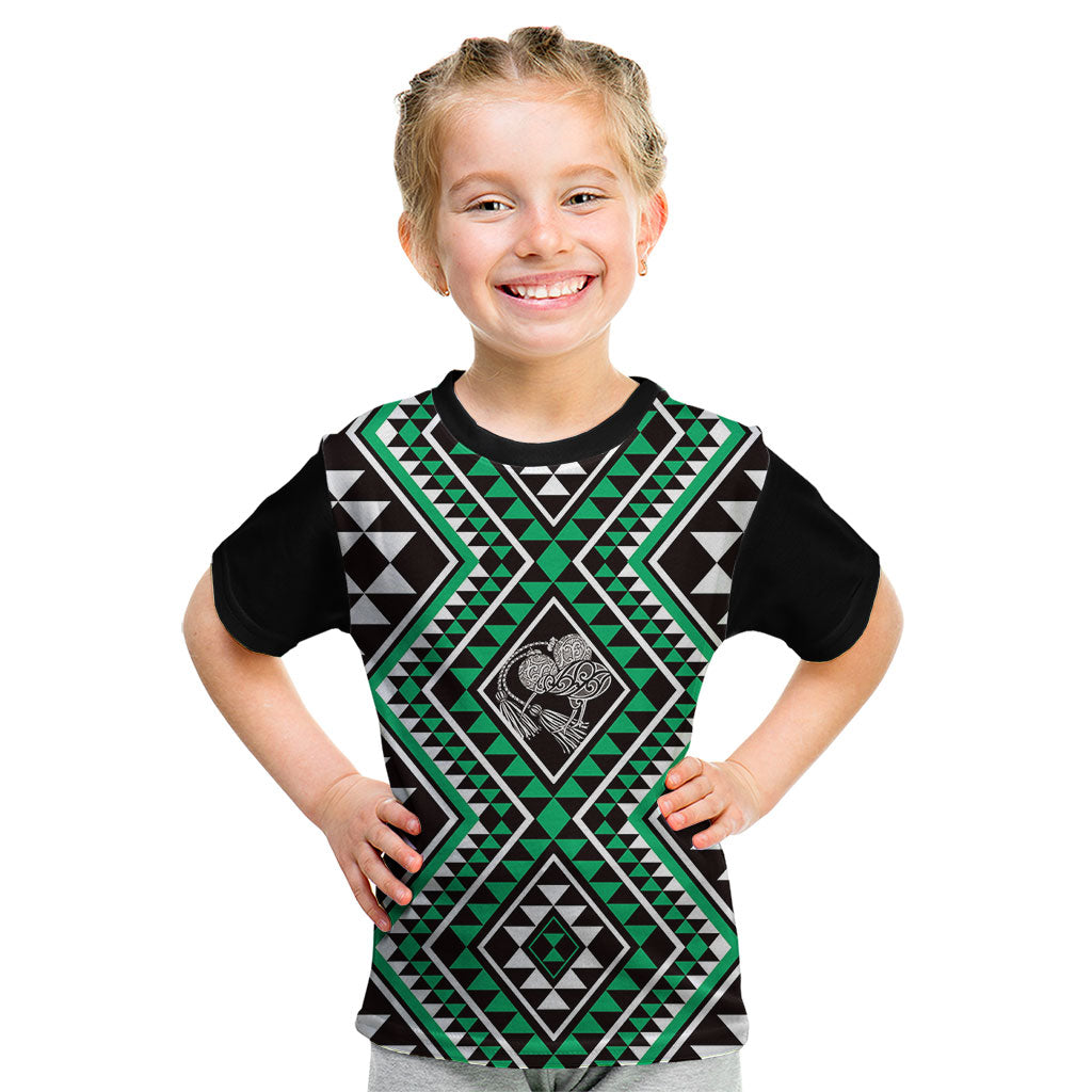 New Zealand Kakariki Taniko Motifs Kid T Shirt Maori Poi Dance Costume Inspired LT14 Green - Polynesian Pride