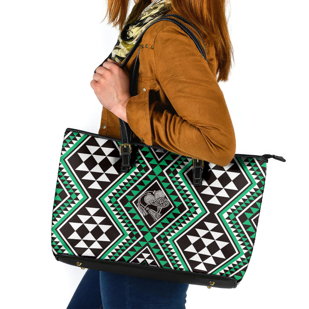 New Zealand Kakariki Taniko Motifs Leather Tote Bag Maori Poi Dance Costume Inspired LT14 Green - Polynesian Pride