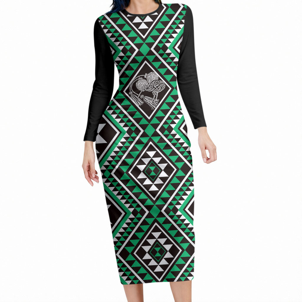 New Zealand Kakariki Taniko Motifs Long Sleeve Bodycon Dress Maori Poi Dance Costume Inspired LT14 Long Dress Green - Polynesian Pride