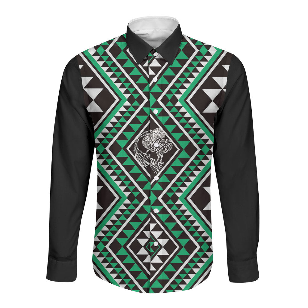 New Zealand Kakariki Taniko Motifs Long Sleeve Button Shirt Maori Poi Dance Costume Inspired LT14 Unisex Green - Polynesian Pride