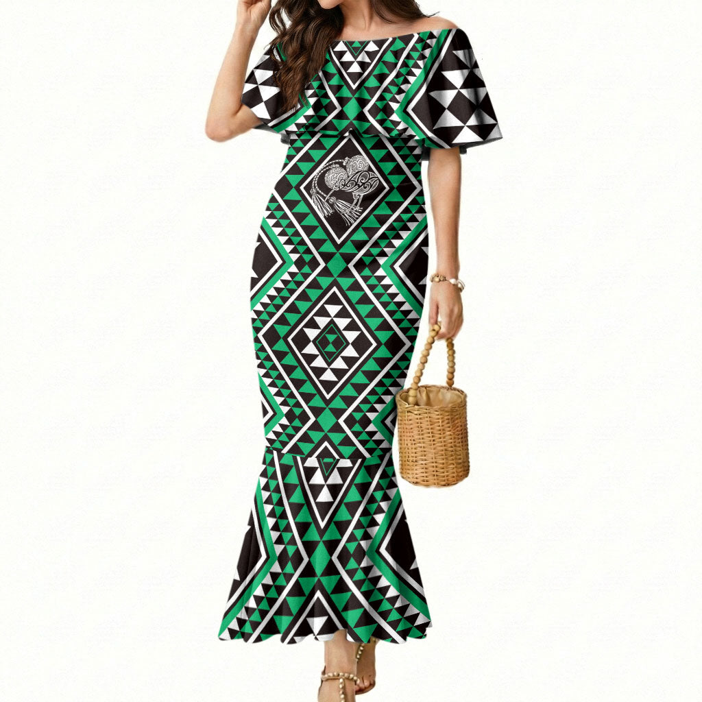 New Zealand Kakariki Taniko Motifs Mermaid Dress Maori Poi Dance Costume Inspired LT14 Women Green - Polynesian Pride