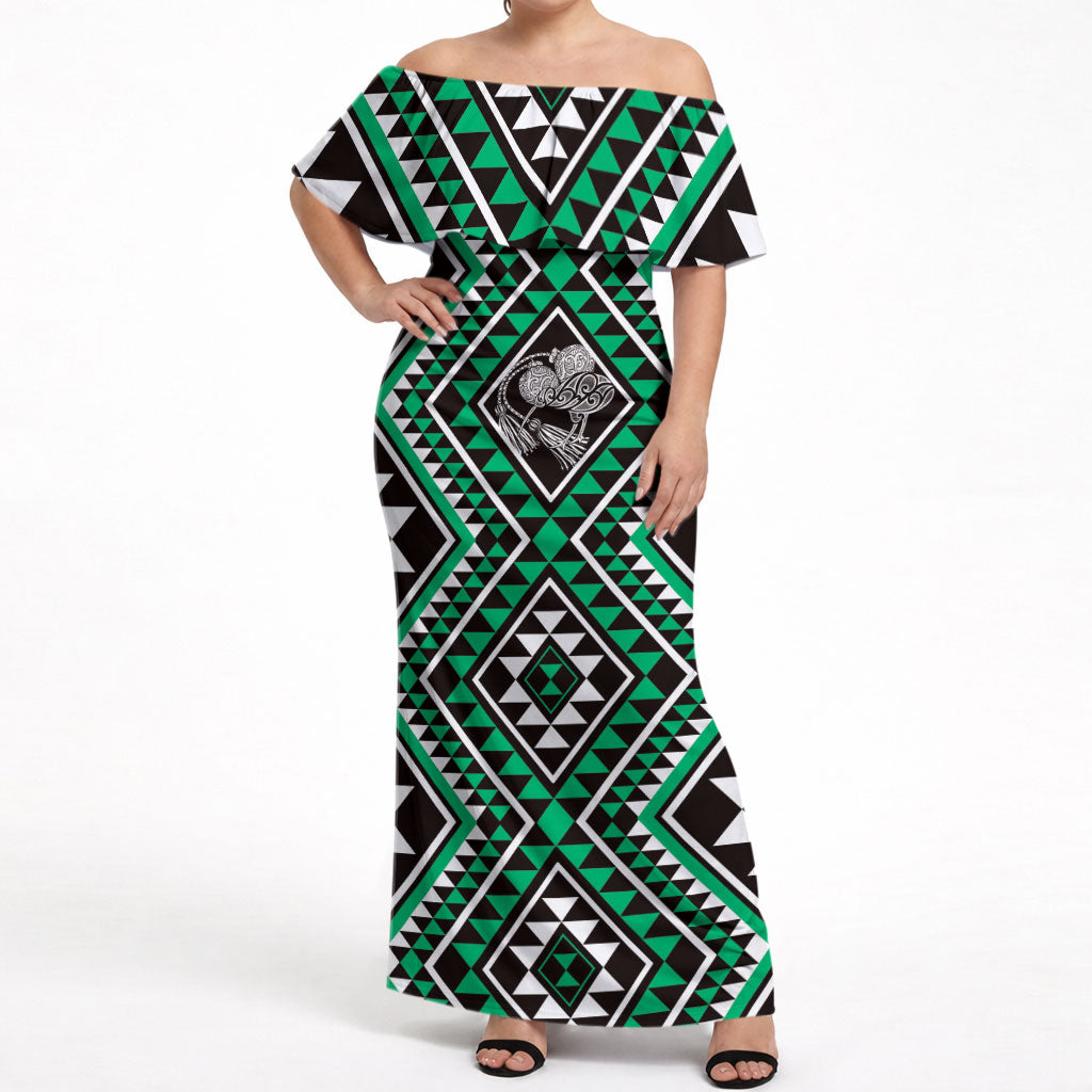 New Zealand Kakariki Taniko Motifs Off Shoulder Maxi Dress Maori Poi Dance Costume Inspired LT14 Women Green - Polynesian Pride