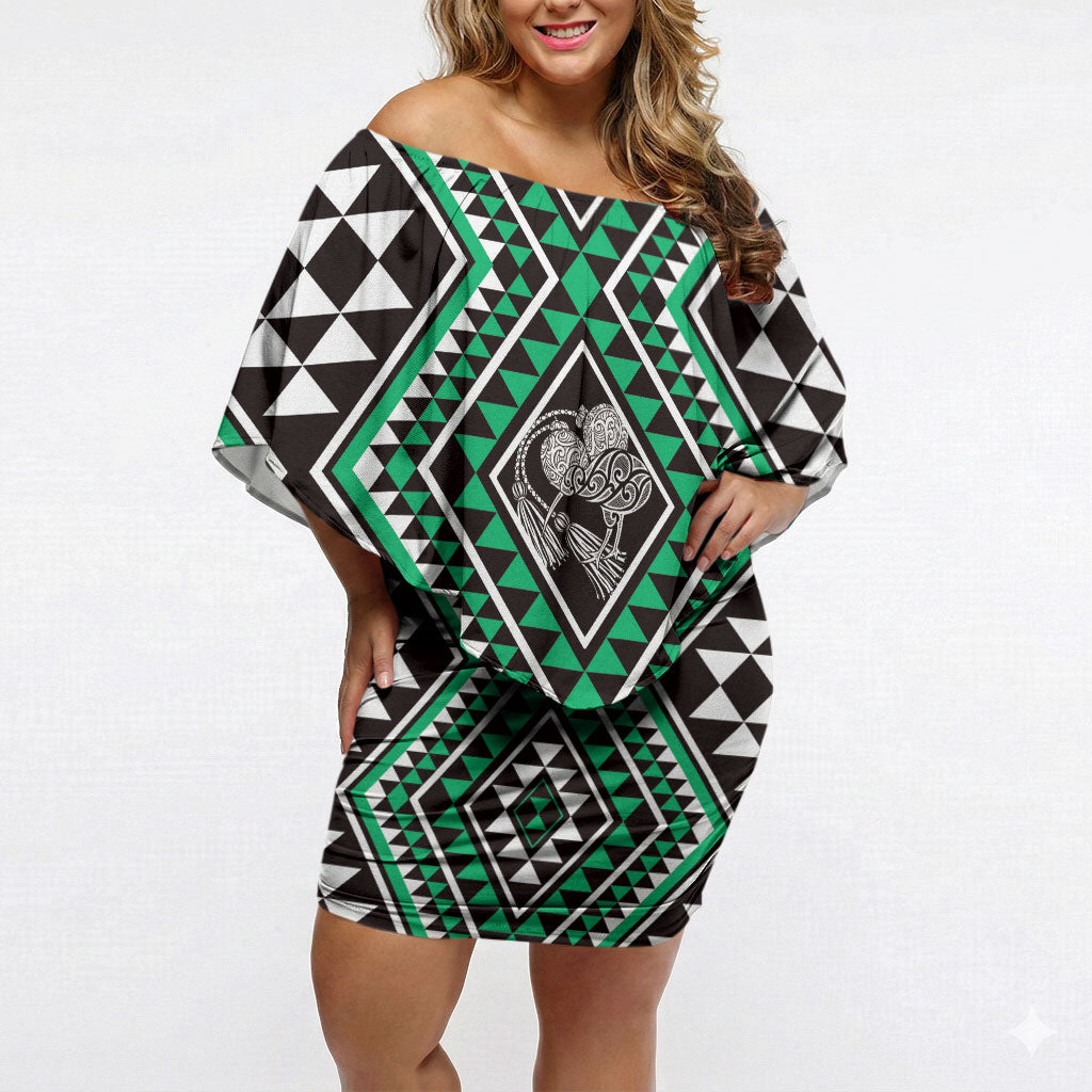 New Zealand Kakariki Taniko Motifs Off Shoulder Short Dress Maori Poi Dance Costume Inspired LT14 Women Green - Polynesian Pride
