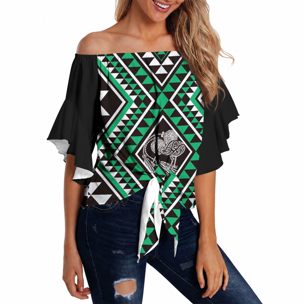 New Zealand Kakariki Taniko Motifs Off Shoulder Wrap Waist Top Maori Poi Dance Costume Inspired LT14 Green - Polynesian Pride