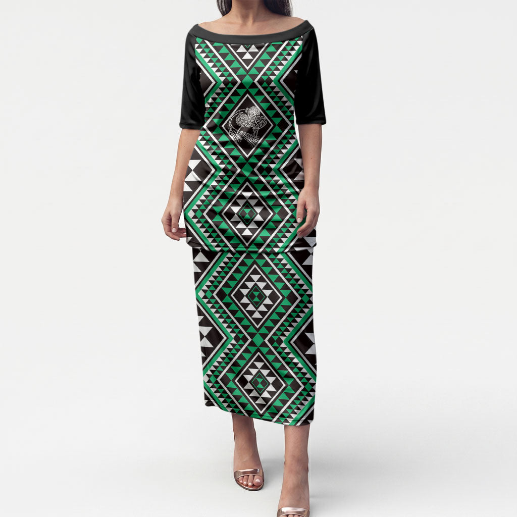 New Zealand Kakariki Taniko Motifs Puletasi Maori Poi Dance Costume Inspired LT14 Long Dress Green - Polynesian Pride