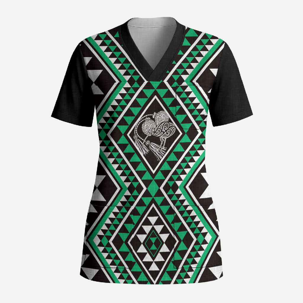 New Zealand Kakariki Taniko Motifs Scrub Top Maori Poi Dance Costume Inspired LT14 Adult Green - Polynesian Pride
