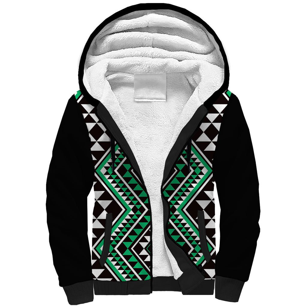 New Zealand Kakariki Taniko Motifs Sherpa Hoodie Maori Poi Dance Costume Inspired LT14 Unisex Green - Polynesian Pride