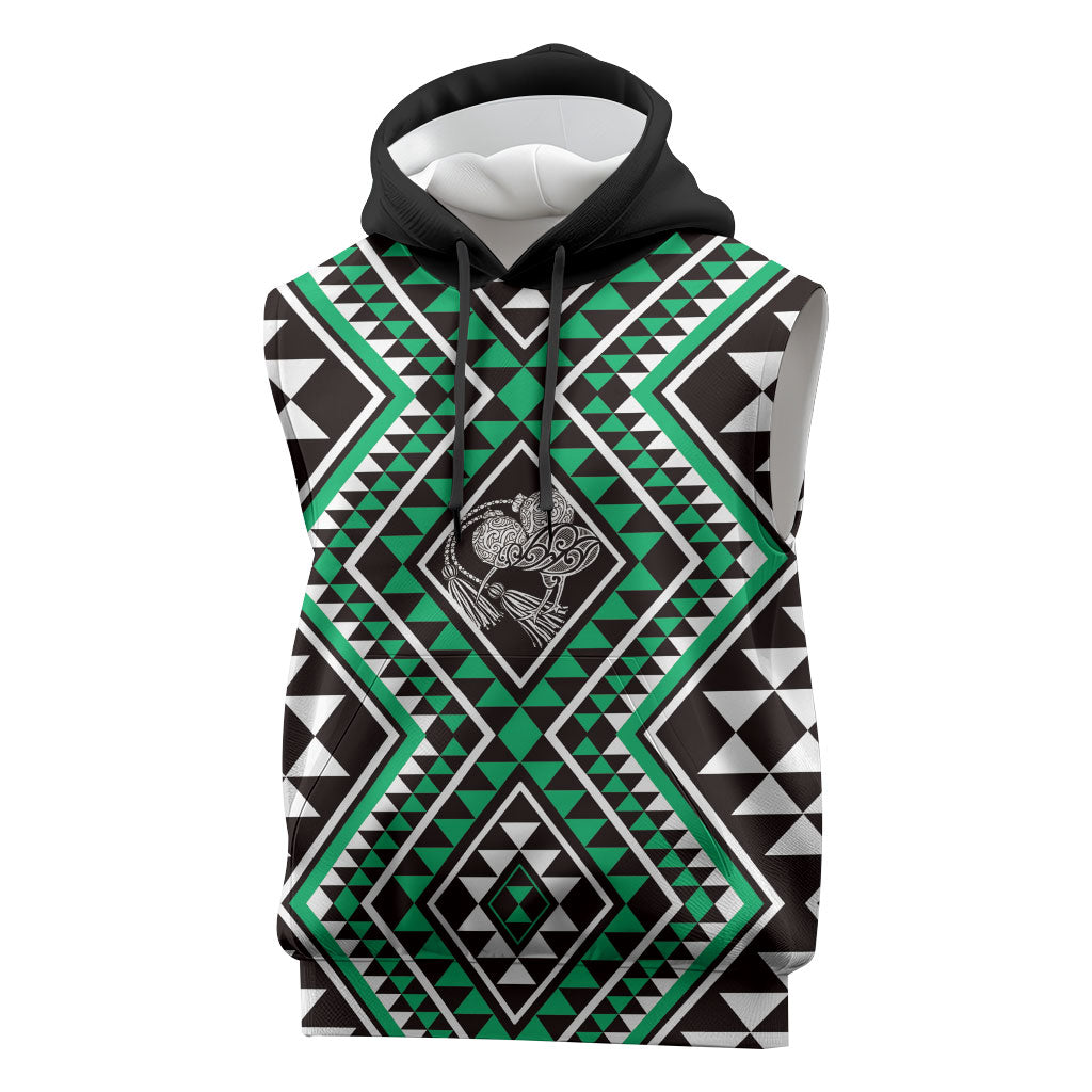 New Zealand Kakariki Taniko Motifs Sleeveless Hoodie Maori Poi Dance Costume Inspired LT14 Green - Polynesian Pride