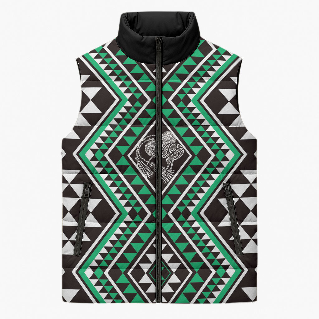 New Zealand Kakariki Taniko Motifs Sleeveless Puffer Jacket Maori Poi Dance Costume Inspired LT14 Unisex Green - Polynesian Pride