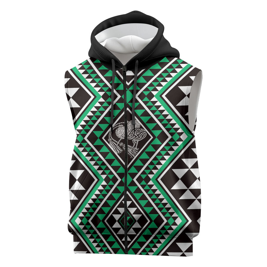 New Zealand Kakariki Taniko Motifs Sleeveless Zip Hoodie Maori Poi Dance Costume Inspired LT14 Green - Polynesian Pride