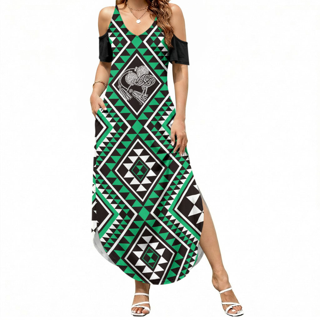 New Zealand Kakariki Taniko Motifs Summer Maxi Dress Maori Poi Dance Costume Inspired LT14 Women Green - Polynesian Pride