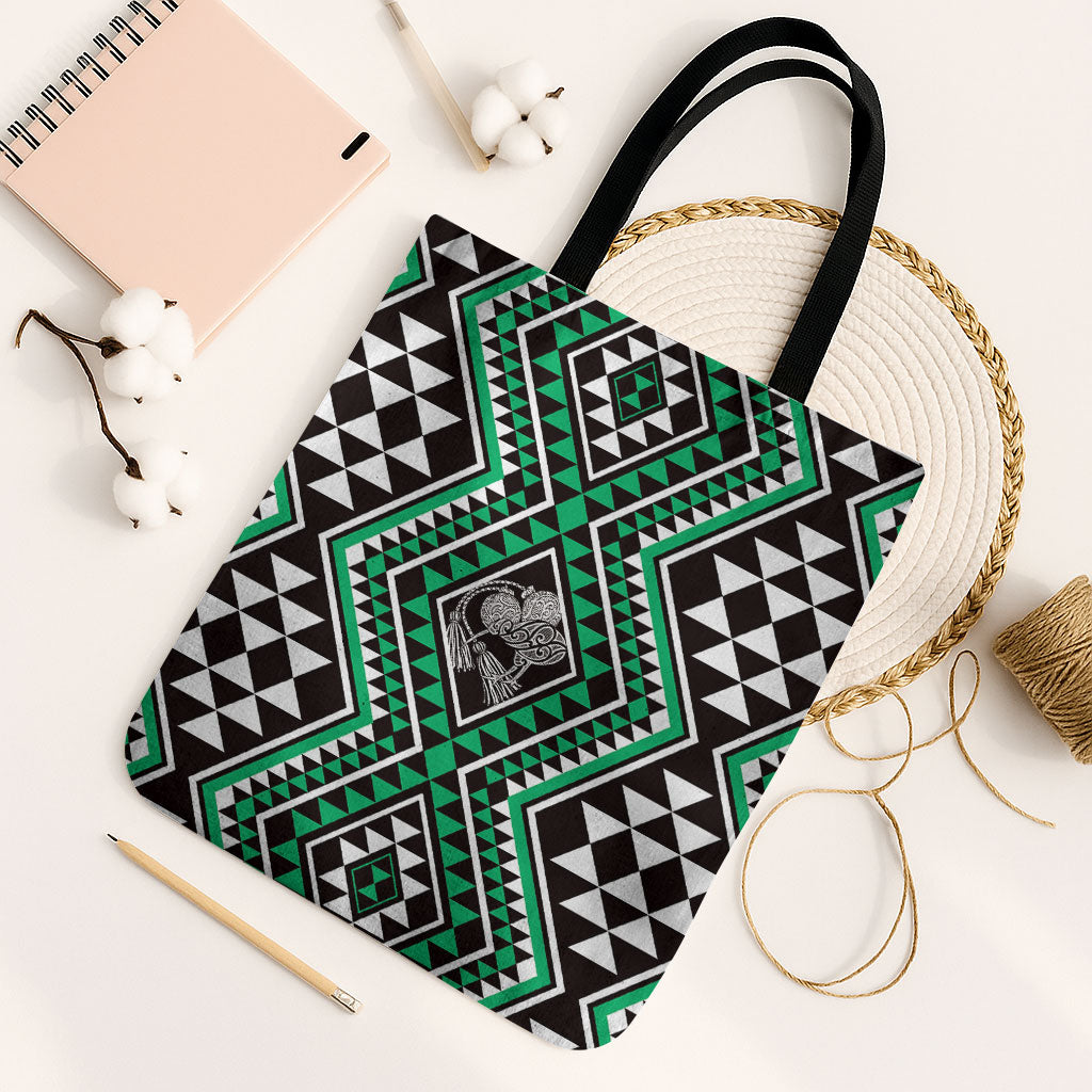 New Zealand Kakariki Taniko Motifs Tote Bag Maori Poi Dance Costume Inspired LT14 Black Strap One Size Green - Polynesian Pride