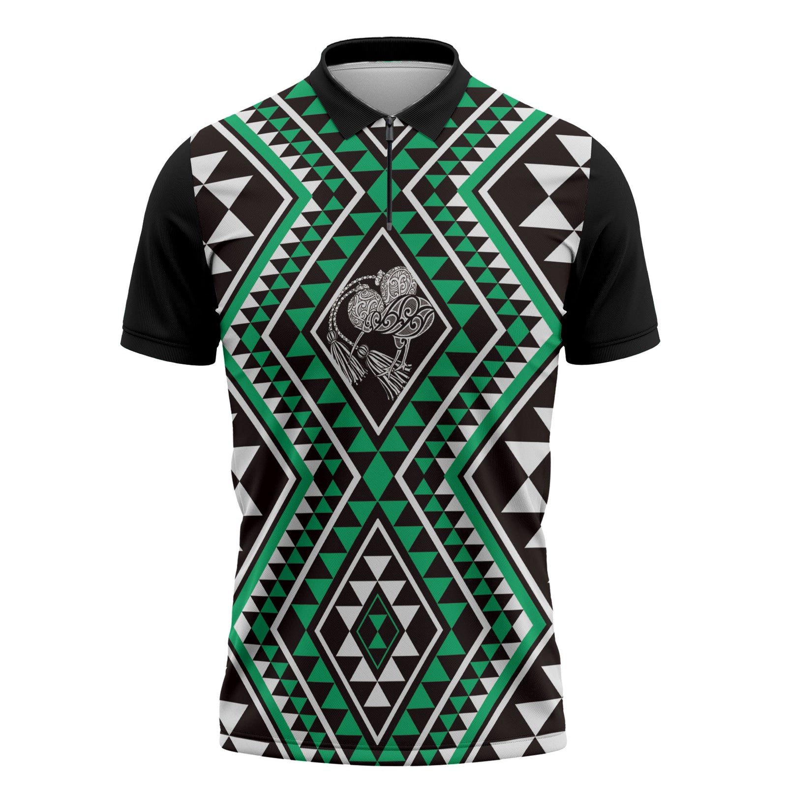 New Zealand Kakariki Taniko Motifs Zipper Polo Shirt Maori Poi Dance Costume Inspired LT14 Green - Polynesian Pride