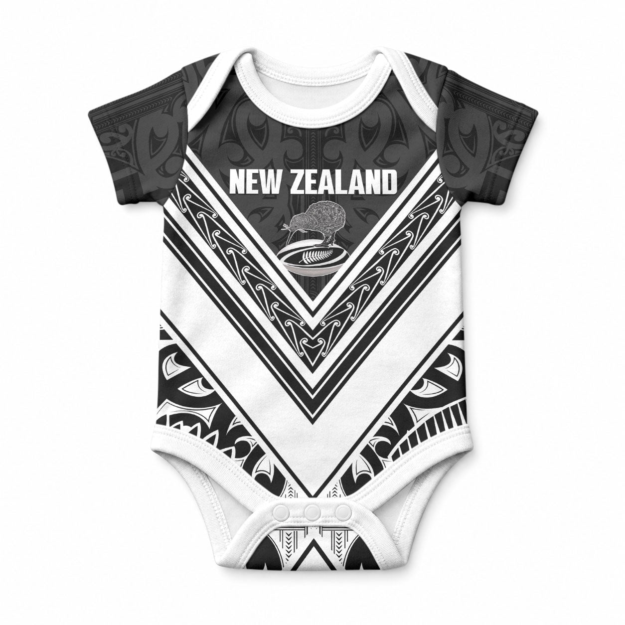 New Zealand Silver Fern Rugby Custom Baby Onesie Go Wheel Kiwi Maori Pattern LT14 White - Polynesian Pride