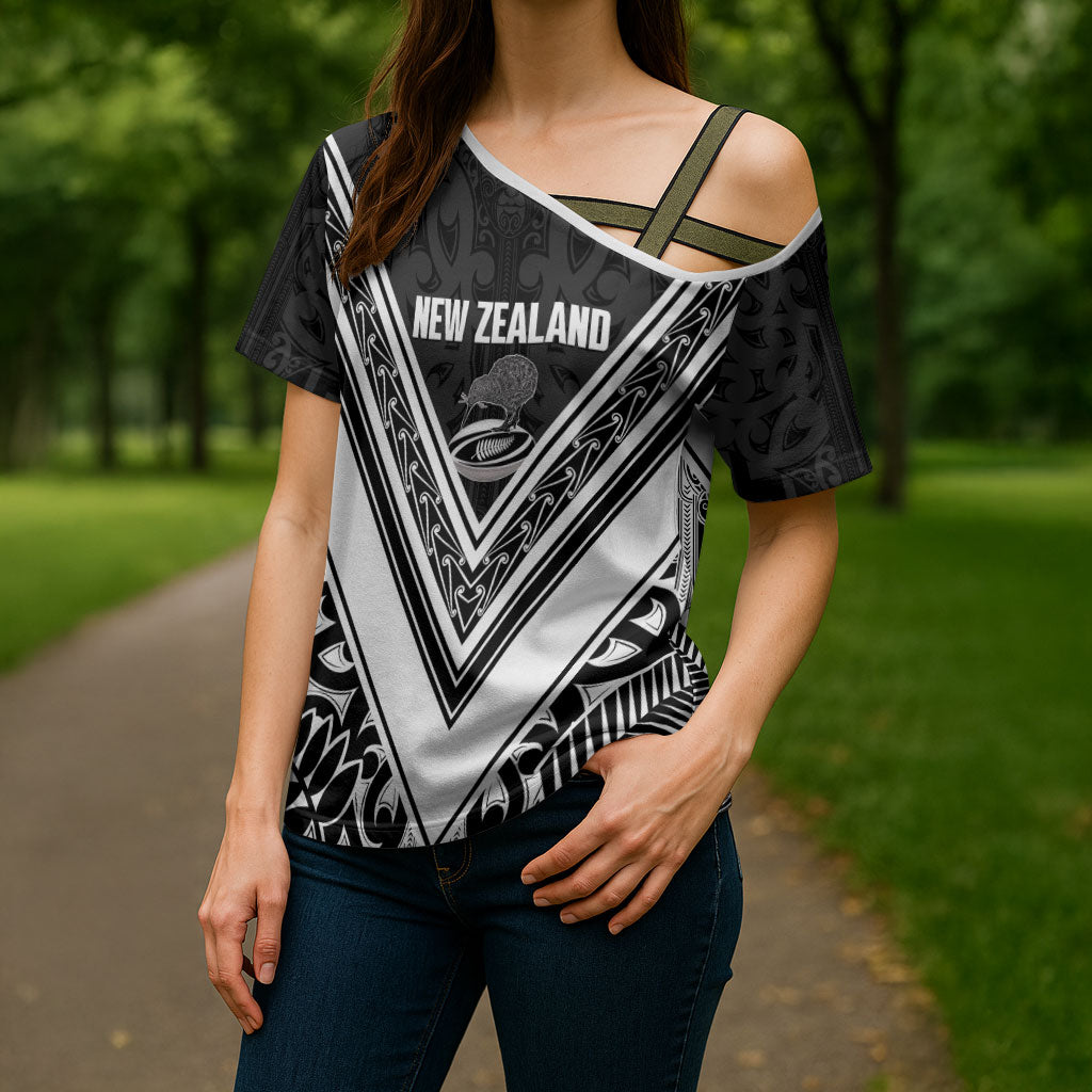 New Zealand Silver Fern Rugby Custom Cross Shoulder Shirt Go Wheel Kiwi Maori Pattern LT14 - Polynesian Pride