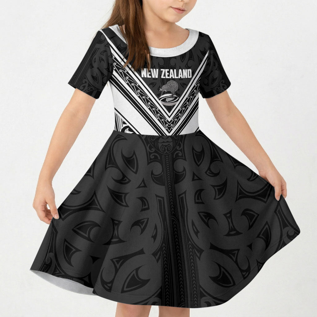 New Zealand Silver Fern Rugby Custom Kid Short Sleeve Dress Go Wheel Kiwi Maori Pattern LT14 KID White - Polynesian Pride