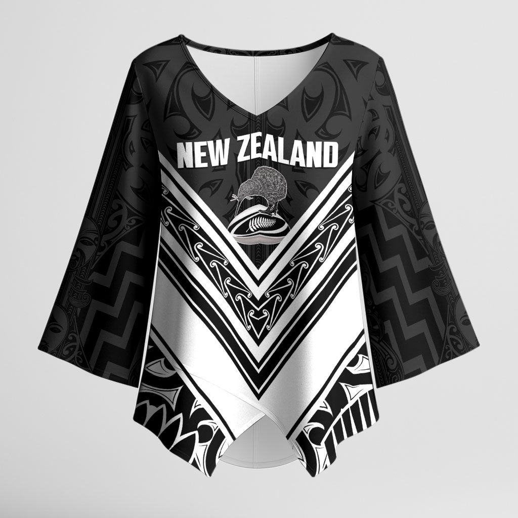 New Zealand Silver Fern Rugby Custom Kimono Sleeve Blouse Go Wheel Kiwi Maori Pattern LT14 Female White - Polynesian Pride