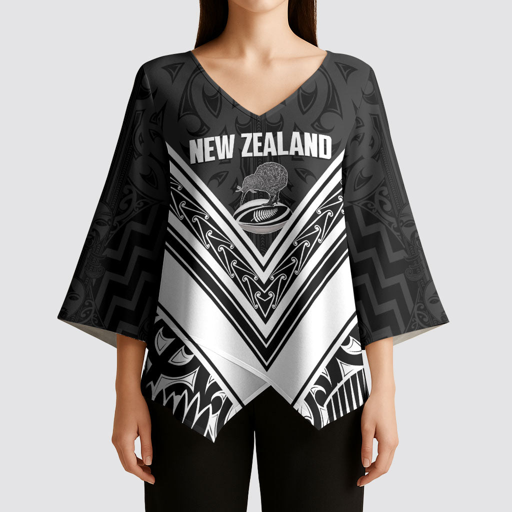 New Zealand Silver Fern Rugby Custom Kimono Sleeve Blouse Go Wheel Kiwi Maori Pattern LT14 - Polynesian Pride