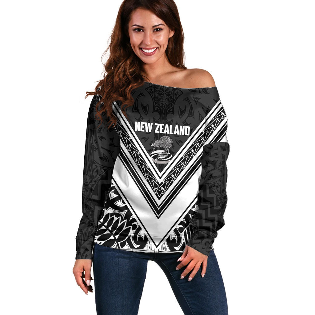 New Zealand Silver Fern Rugby Custom Off Shoulder Sweater Go Wheel Kiwi Maori Pattern LT14 Women White - Polynesian Pride