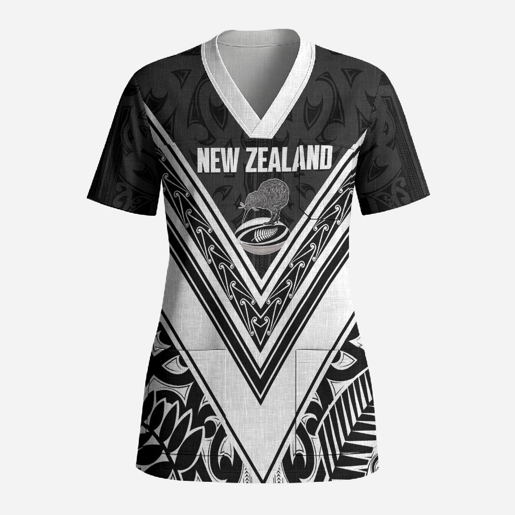 New Zealand Silver Fern Rugby Custom Scrub Top Go Wheel Kiwi Maori Pattern LT14 Adult White - Polynesian Pride