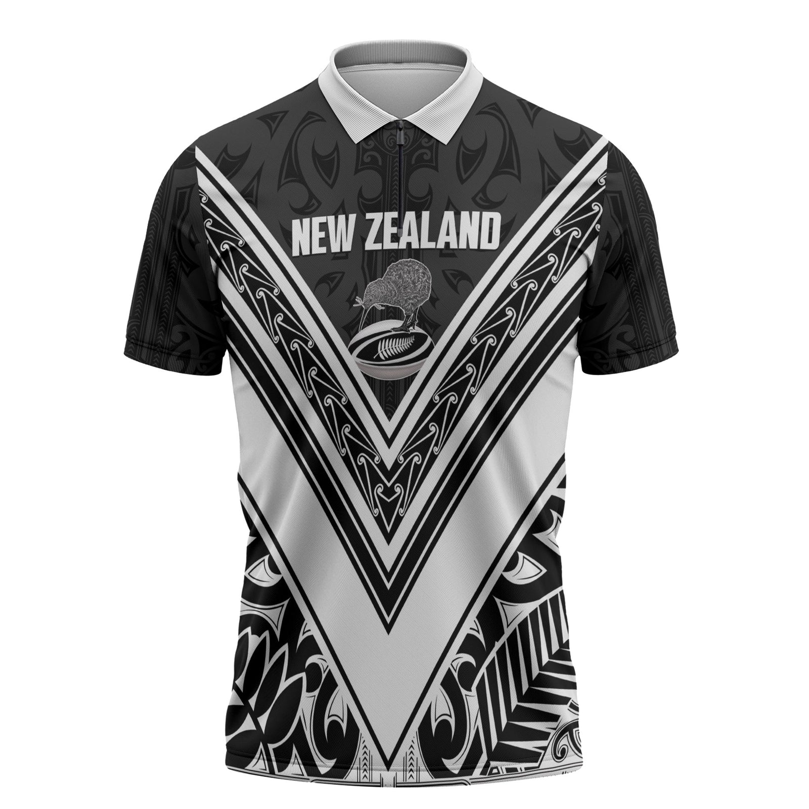 New Zealand Silver Fern Rugby Custom Zipper Polo Shirt Go Wheel Kiwi Maori Pattern LT14 White - Polynesian Pride
