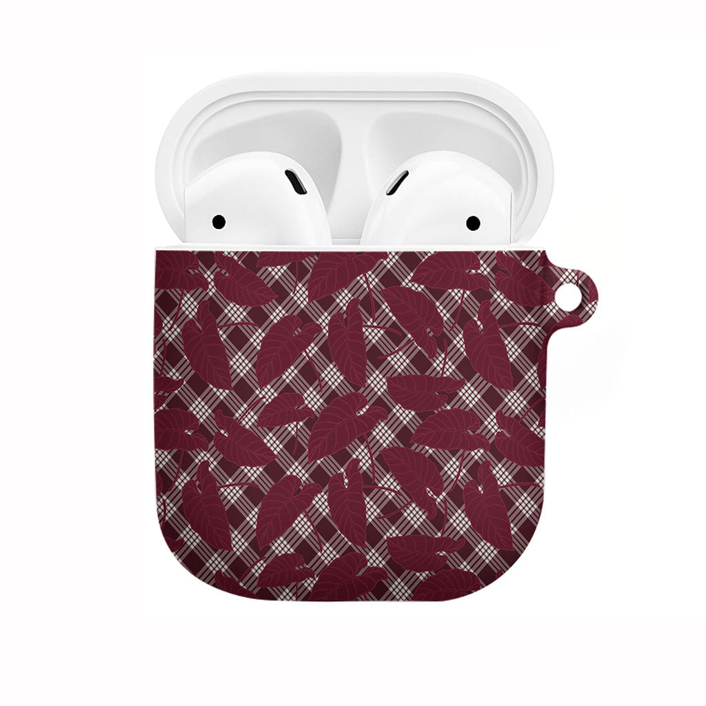 Burgundy Hawaii Kalo Palaka Motifs AirPods Case Hawaiian Taro Leaves Elegant Vibes