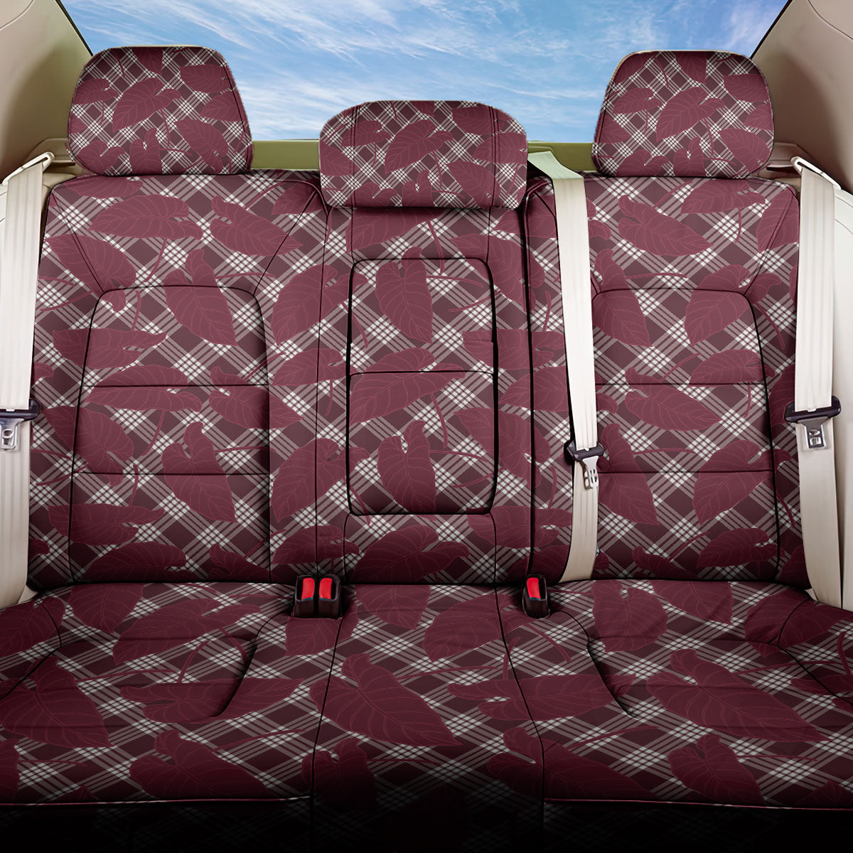 Burgundy Hawaii Kalo Palaka Motifs Back Car Seat Cover Hawaiian Taro Leaves Elegant Vibes