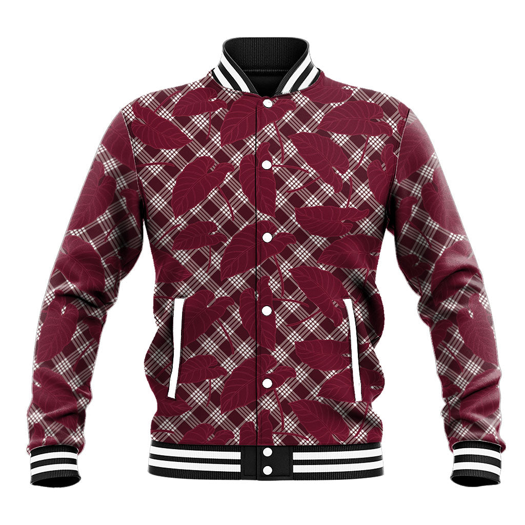 Burgundy Hawaii Kalo Palaka Motifs Baseball Jacket Hawaiian Taro Leaves Elegant Vibes