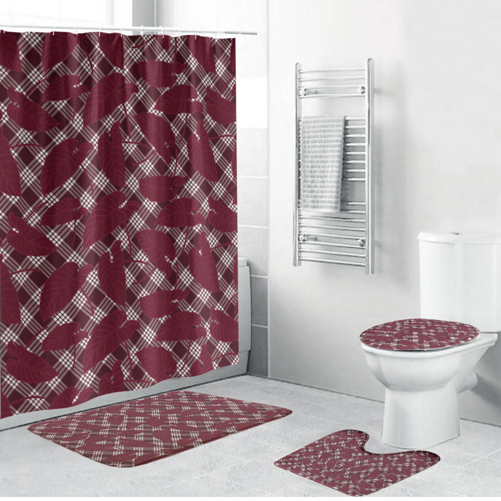Burgundy Hawaii Kalo Palaka Motifs Bathroom Set Hawaiian Taro Leaves Elegant Vibes