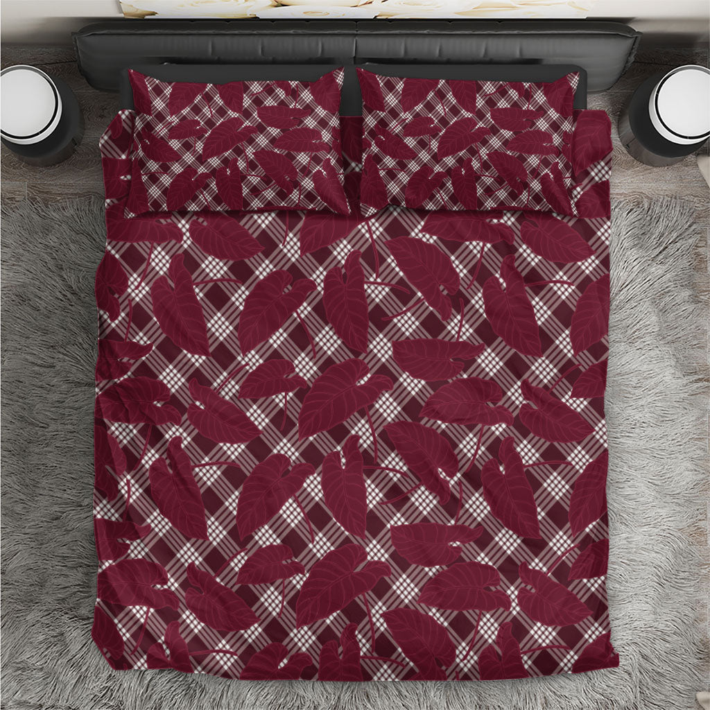 Burgundy Hawaii Kalo Palaka Motifs Bedding Set Hawaiian Taro Leaves Elegant Vibes