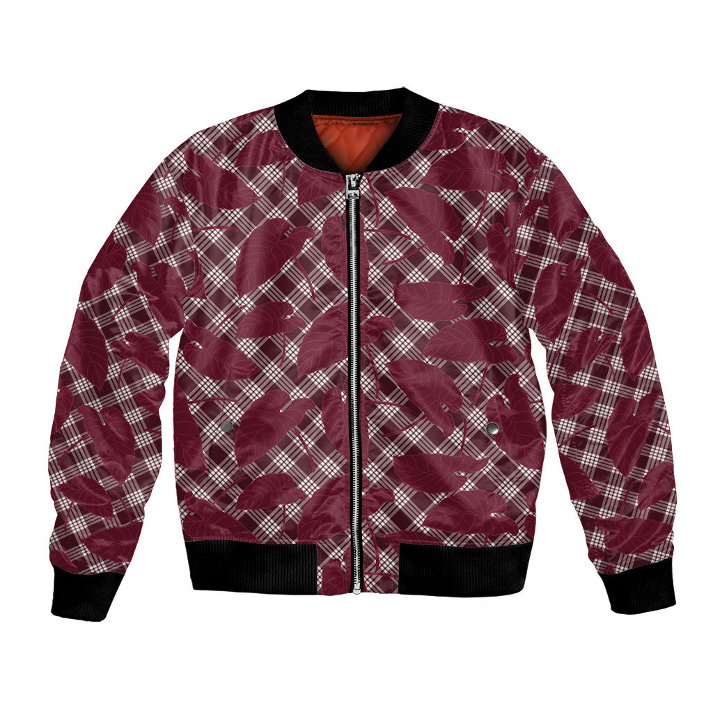 Burgundy Hawaii Kalo Palaka Motifs Bomber Jacket Hawaiian Taro Leaves Elegant Vibes