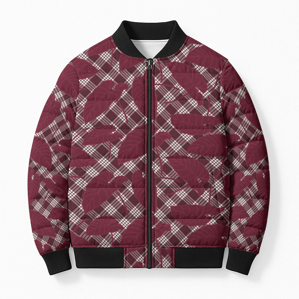 Burgundy Hawaii Kalo Palaka Motifs Bomber Puffer Jacket Hawaiian Taro Leaves Elegant Vibes