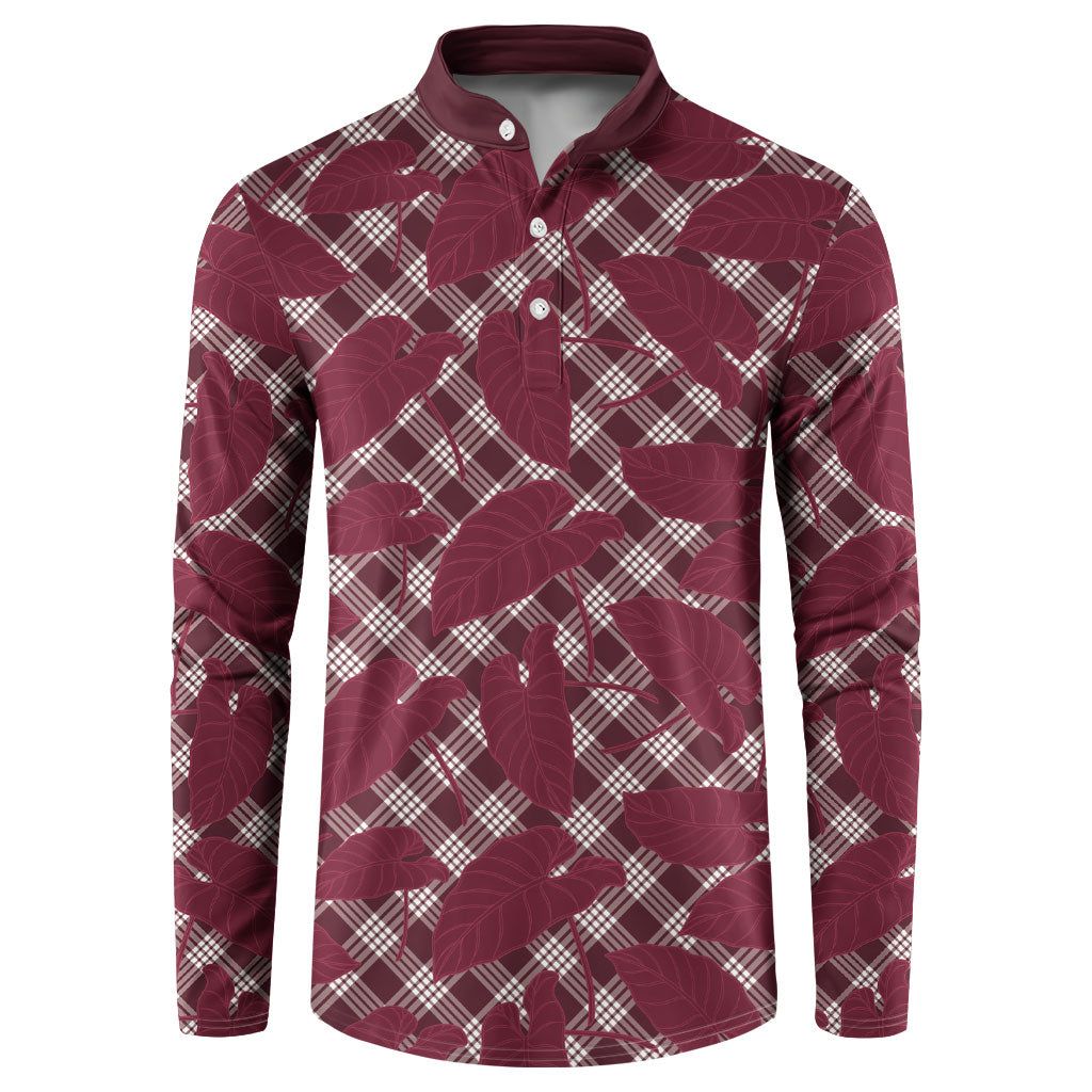 Burgundy Hawaii Kalo Palaka Motifs Button Sweatshirt Hawaiian Taro Leaves Elegant Vibes