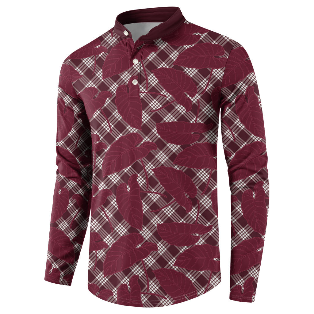 Burgundy Hawaii Kalo Palaka Motifs Button Sweatshirt Hawaiian Taro Leaves Elegant Vibes LT14 - Polynesian Pride