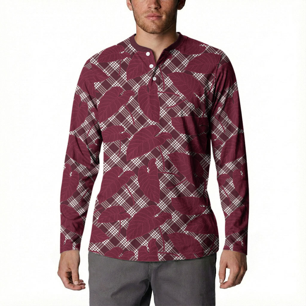 Burgundy Hawaii Kalo Palaka Motifs Button Sweatshirt Hawaiian Taro Leaves Elegant Vibes LT14 - Polynesian Pride
