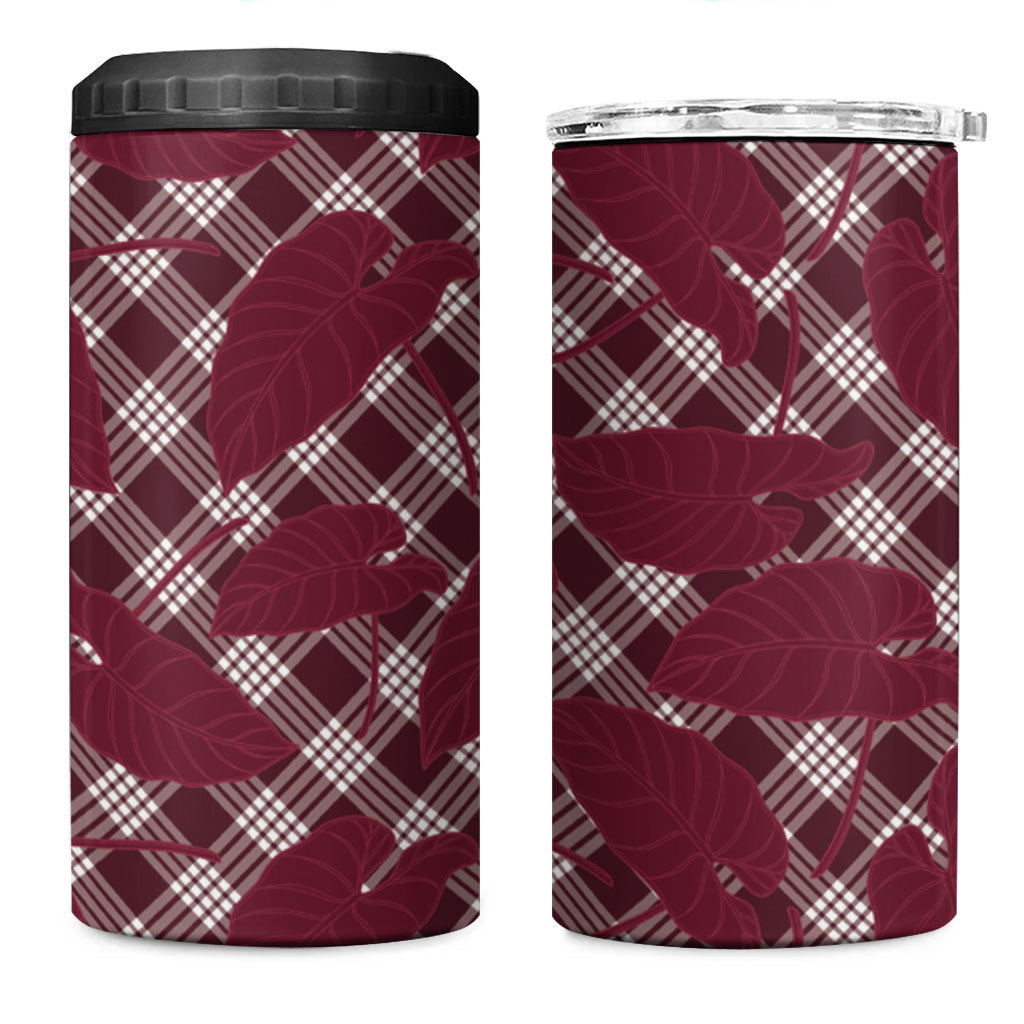 Burgundy Hawaii Kalo Palaka Motifs 4 in 1 Can Cooler Tumbler Hawaiian Taro Leaves Elegant Vibes