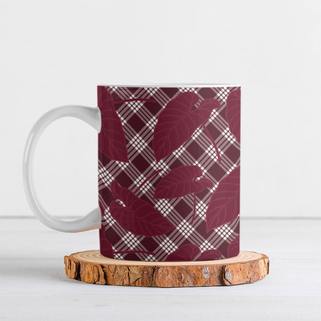 Burgundy Hawaii Kalo Palaka Motifs Ceramic Mug Hawaiian Taro Leaves Elegant Vibes