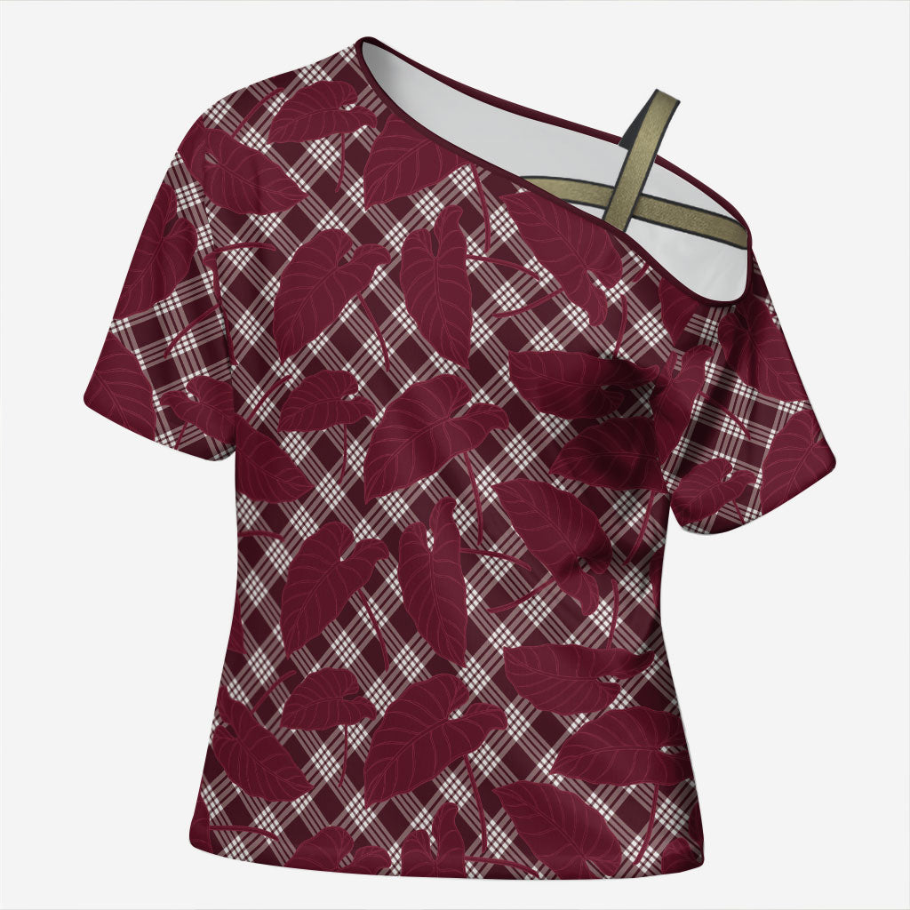 Burgundy Hawaii Kalo Palaka Motifs Cross Shoulder Shirt Hawaiian Taro Leaves Elegant Vibes